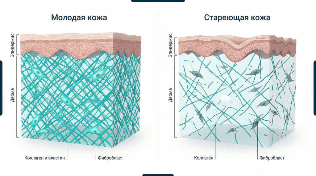Сравнение молодой и стареющей кожи: коллаген и фибробласты